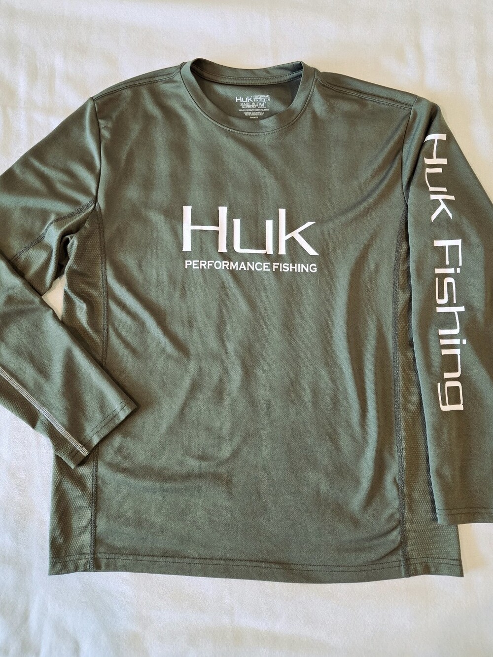 Huk Performance Fishing Long Sleeve Olive Green Raglan Shirt UPF Size Medium